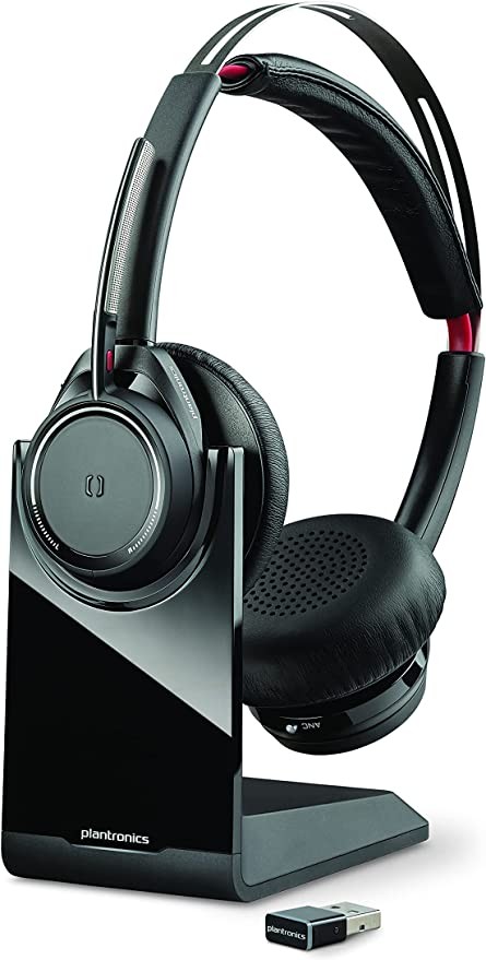 Poly (Plantronics + Polycom) - Bluetooth binaural (stereo) headphones with charging stand (Poly) with microphone lever - Voyager Focus UC - Compatible with USB-A PC/Mac - Active noise cancellation - F